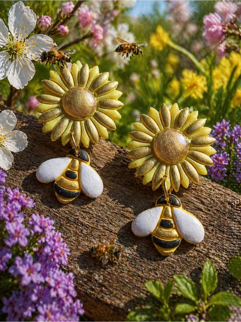 Sunflower & Bee Drop Handmade Polymer Clay Earrings — Yellow Flower